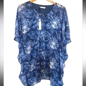 Blue Tie-Dye Style Women's Top V- Neck With Lace-Up Detail Size Medium